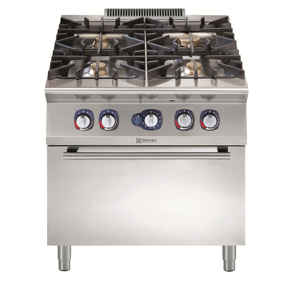 Electrolux - 4 açık ateşli gazlı kuzine, brulörler: 1x10 + 3x6 kW, gazlı fırınlı (8,5 kW) - 800 mm (391576)